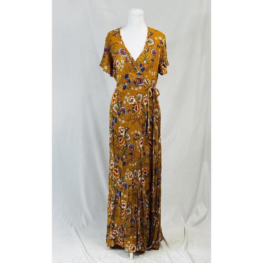 Patrons of Peace Mustard Floral‎ Faux Wrap Maxi Dress Size M Boho Festival 60in